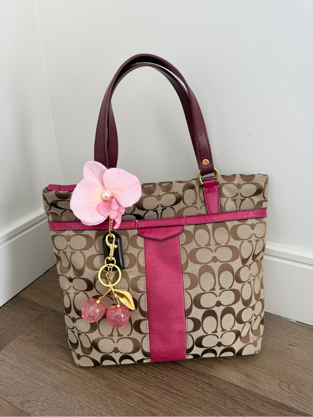 Vintage  Coach Pink Signature Stripe Tote Bag w/Gold Hardware